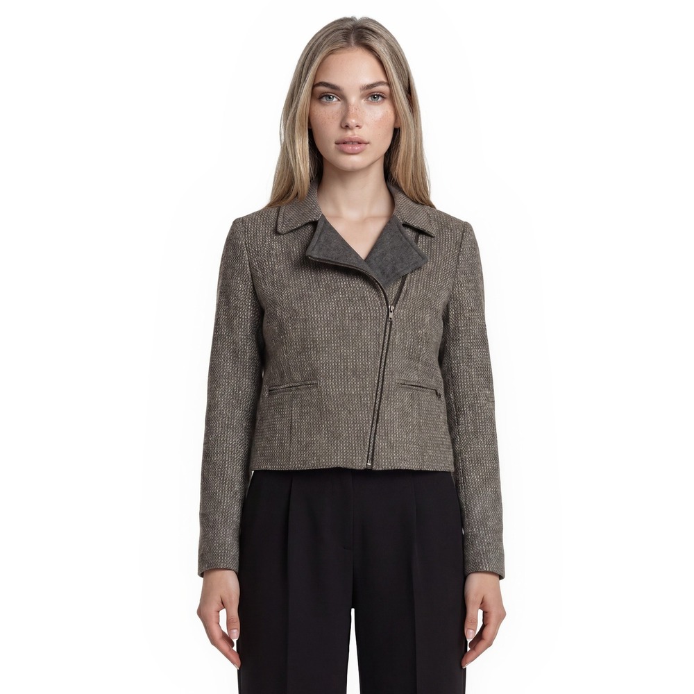 Talbots Tweed Moto Jacket Women's Size 8P Petite Gray Taupe Wool Blend  Coat